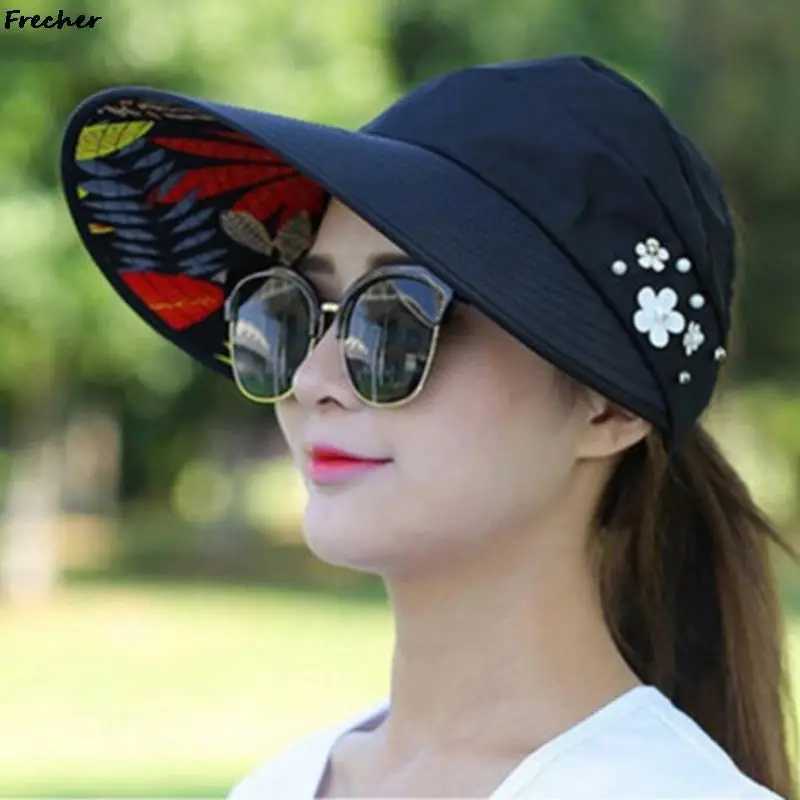 Capes à balle chapeaux d'été pour femmes pliables chapeau de soleil Visor de fleur de perle suncreen casquette floque