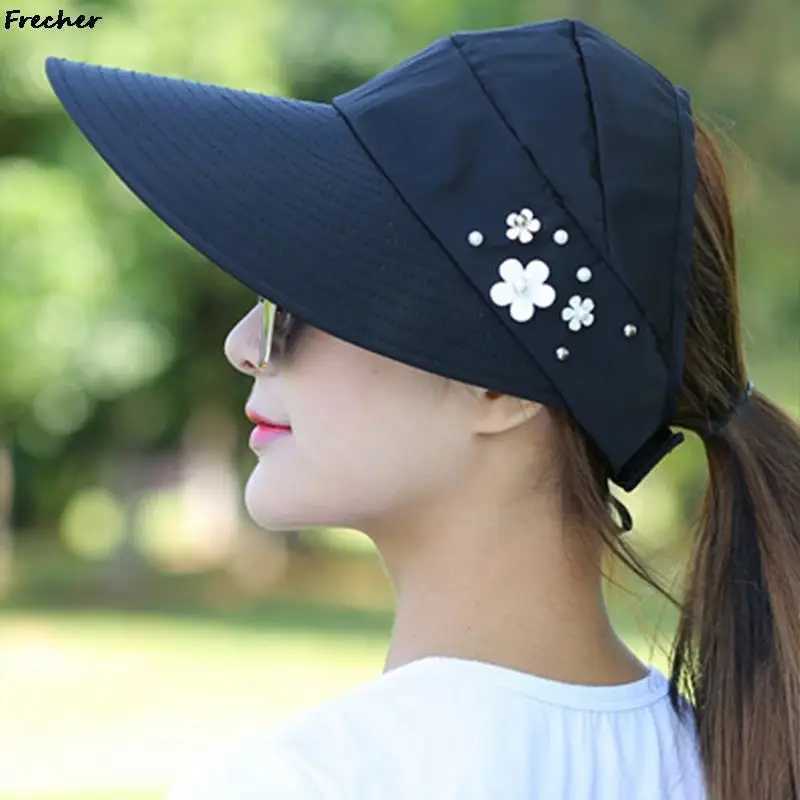 Capes à balle chapeaux d'été pour femmes pliables chapeau de soleil Visor de fleur de perle suncreen casquette floque