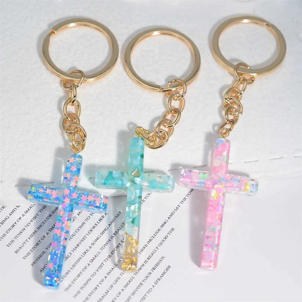 Keychains Lanyards harts Jesus Christian Cross Keychain Dry Flower Glitter Decoration Pendant Handväska hängande Chrams bil Trinka Tillbehör gåva
