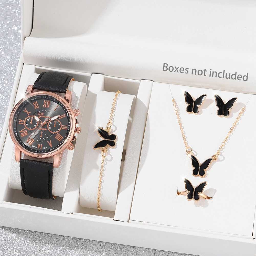 Women's Watches Set Fashion Women Butterfly Jewelry Set Business Casual Leather Quartz Wrist Gift Relogio Feminino Clocks