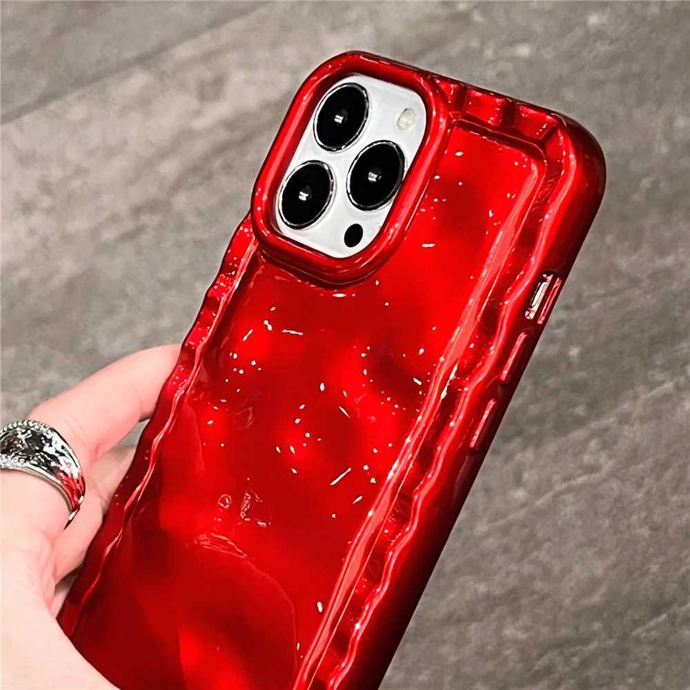Mobiltelefonhüllen Bandringe Luxuswellenklappmuster Glossy Hülle für iPhone 14 Pro Max 13 12 11 15 Promax Fashion Retro Red Sile Wrinkle Reflecti J240507