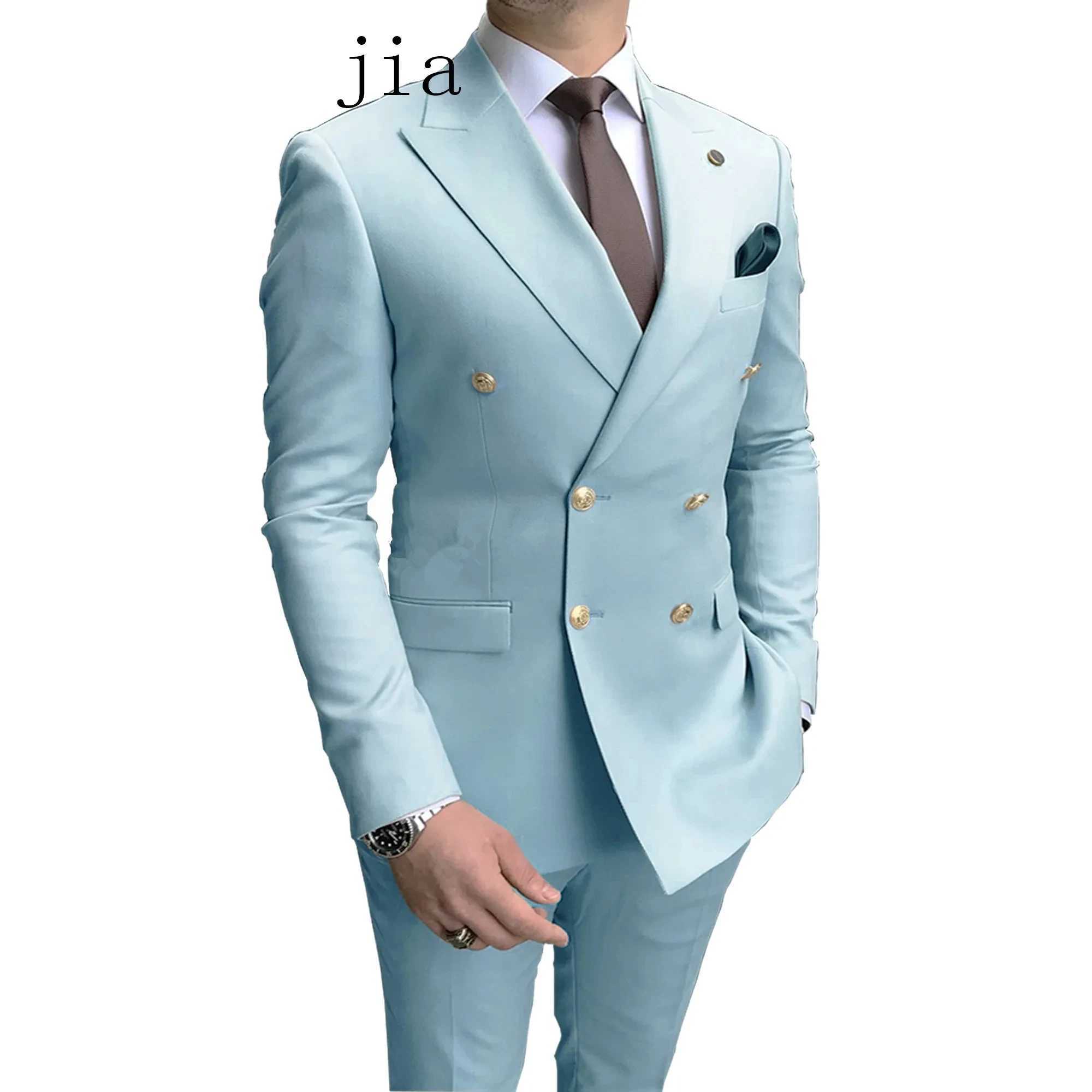 Herrenanzüge Blazer Casual Sky Blue Herren Doppelbrust Peak Polo Kragen Gold Knopf Bräutigam Hochzeit Abend Kleid Beste 2-teilige Pionierjacke Hose Q240507