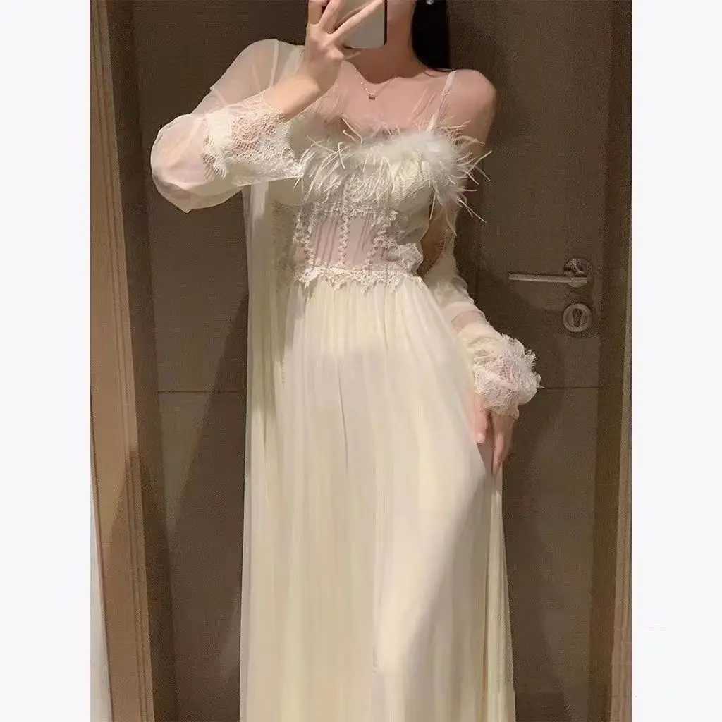 Women's Sleep Lounge Women Solid Color Sexy Gown Set Female Feather Lingerie Lace Hollow Out Nightdress Ladies Lace Trim Mesh Robe Gown Set