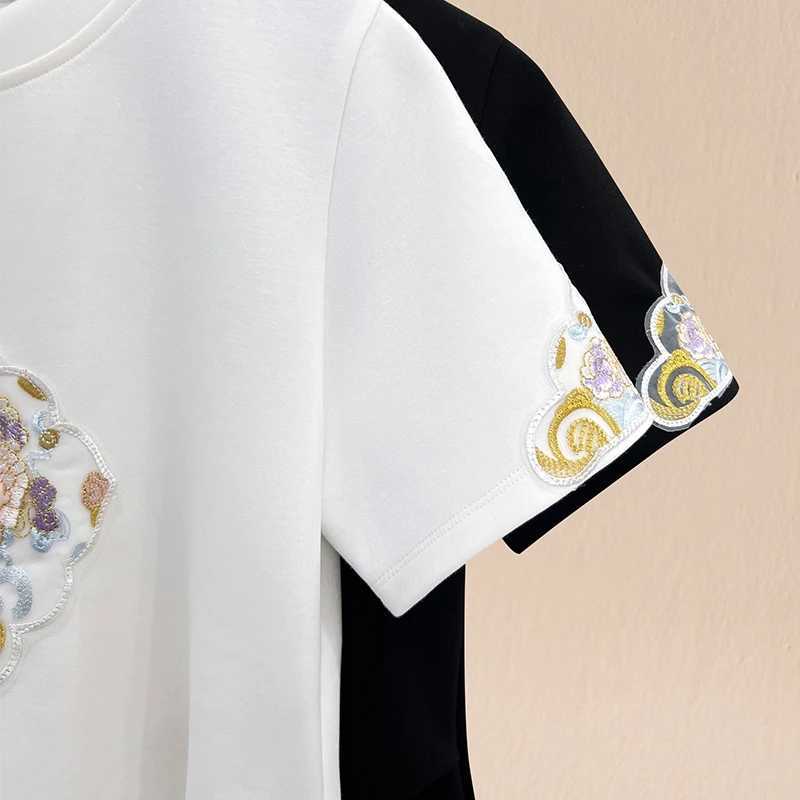 Women's T-Shirt Chinese style womens short sleeved T-shirt summer new retro button and stud embroidery top tier womens clothing oversized T-shirtL2405