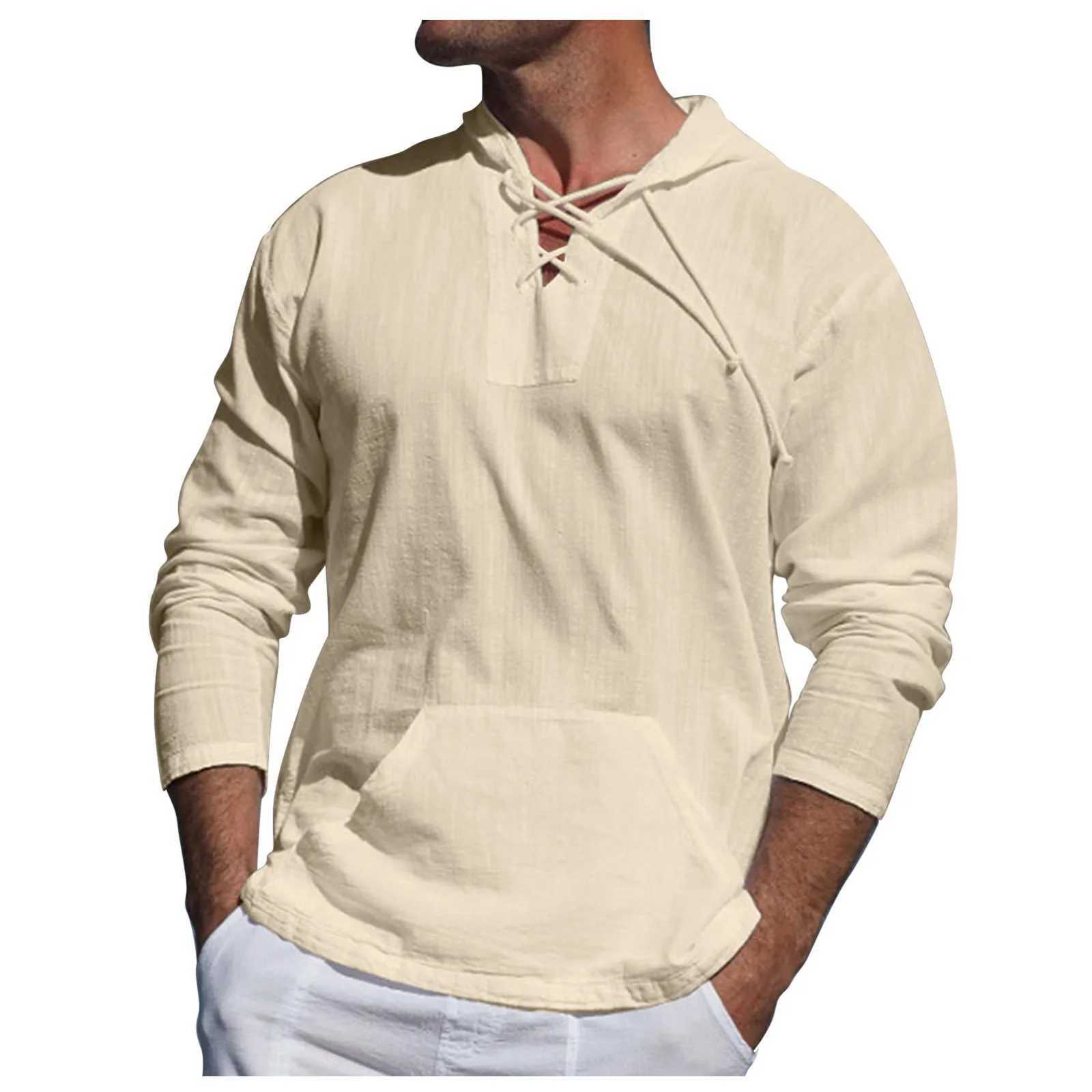 Heren polos heren hoodie lente/zomer casual mode katoenen linnen shirt klassieke solid kleur kant v-neck lange mouwen los fitting shirtl2405