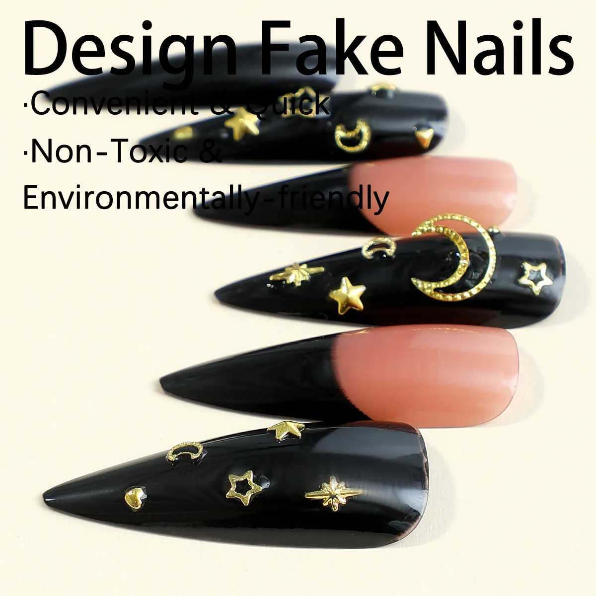 Faux Nails Fashion Long pointu de faux ongles French Black Gold Moon Star Decor Press on Nails Détchable Nails artificiels pour Girl Lady T240507