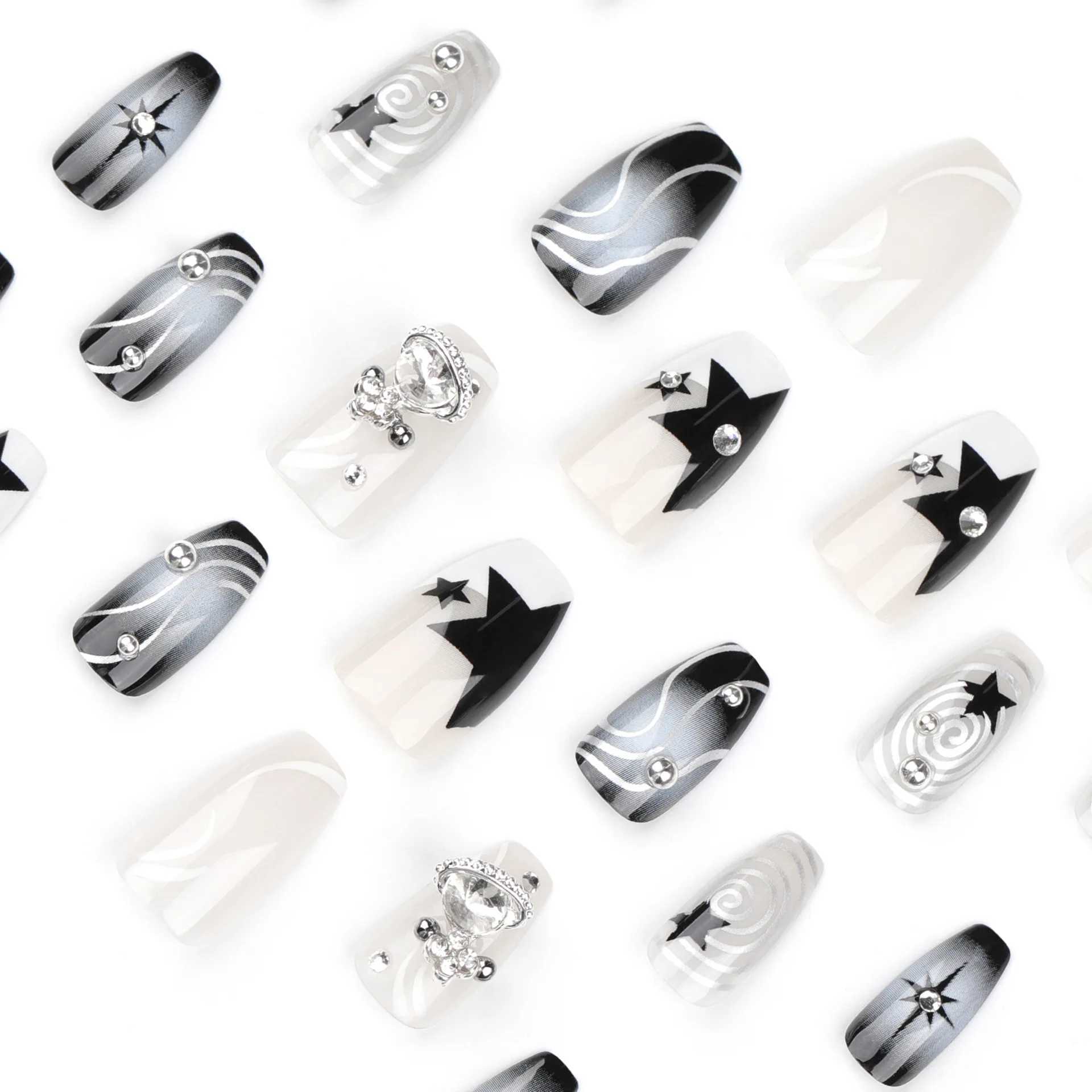 Valse nagels 24 -stks punk nep nagels zware metalen sliv kraal zwart ster ontwerp valse nagel patch draagbare y2k coole meisjesstijl pers op nagels t240507