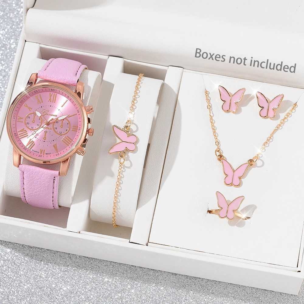 Women's Watches Set Fashion Women Butterfly Jewelry Set Business Casual Leather Quartz Wrist Gift Relogio Feminino Clocks