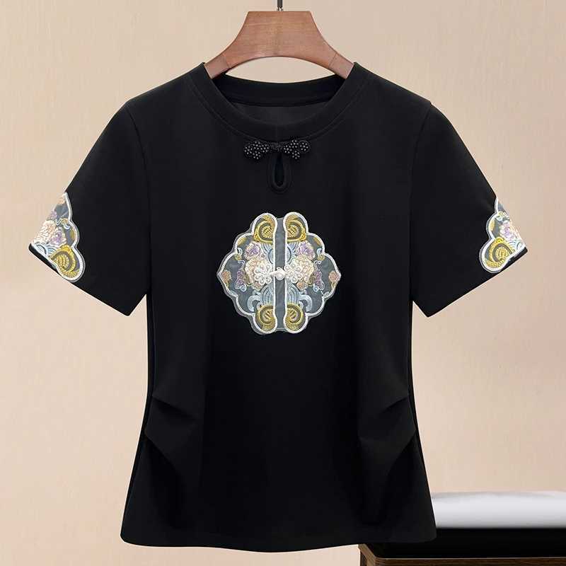 Women's T-Shirt Chinese style womens short sleeved T-shirt summer new retro button and stud embroidery top tier womens clothing oversized T-shirtL2405