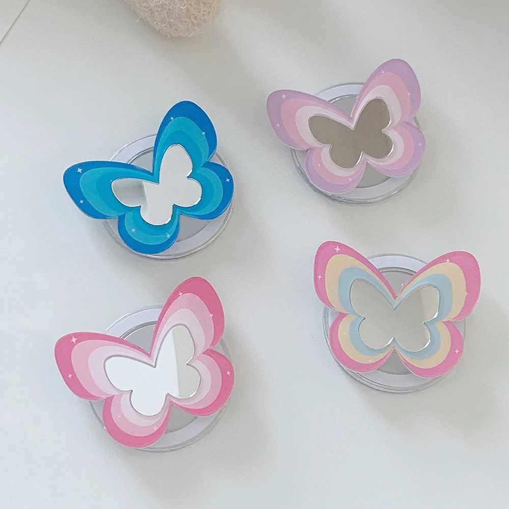 Cell Phone Mounts Holders Korean Cute Pink Butterfly Mirror For Magsafe Magnetic Phone Griptok Grip Tok Stand For iPhone Wireless Charging Case Holder