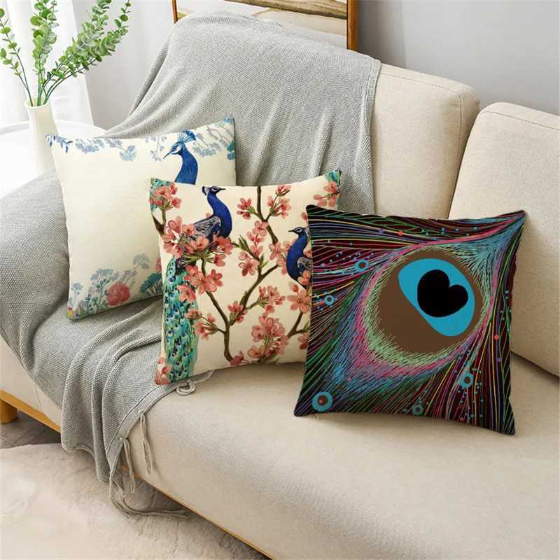 Almofada/Decorativa de estilo étnico de pavão de penas de penas linencase sofá decoração de casas de quarto 40cm/45cm e 50cm de almofada