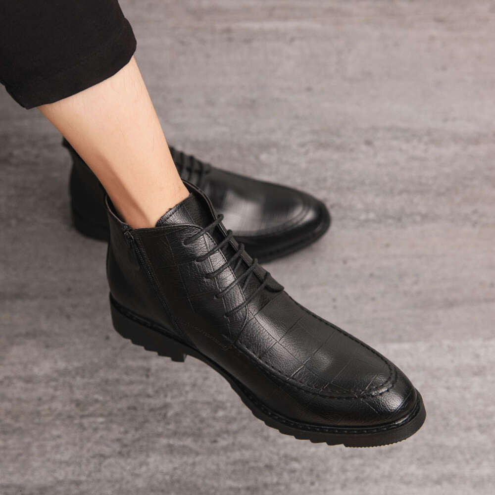 Extra Cotton Winter Businesss Young Men Leather Dress Boots Concise Ankle Boot Lace-up and Side ZIP Both