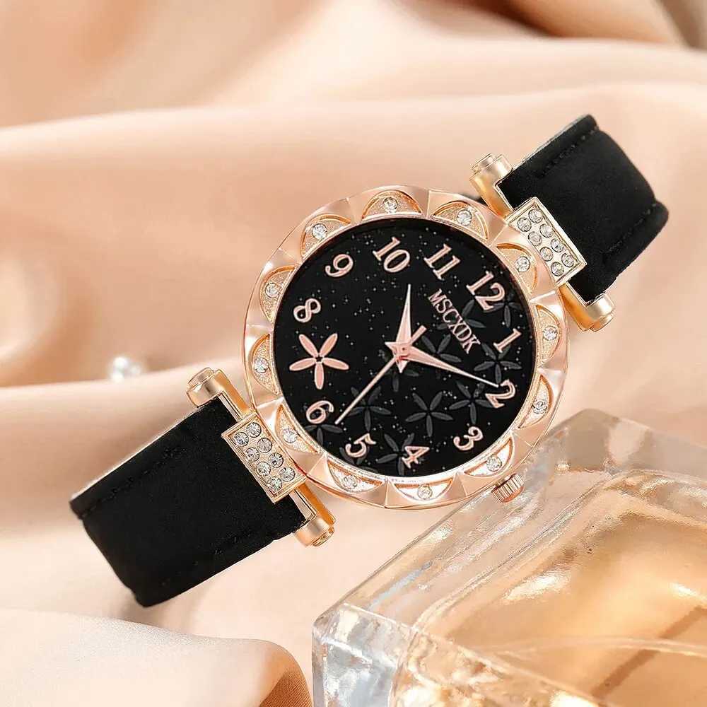 Women's Watches Black Flower Quartz Dainty Bracelet For Women Leisure Casual Round Rhinestone Hollowed Pattern Bracelet Set