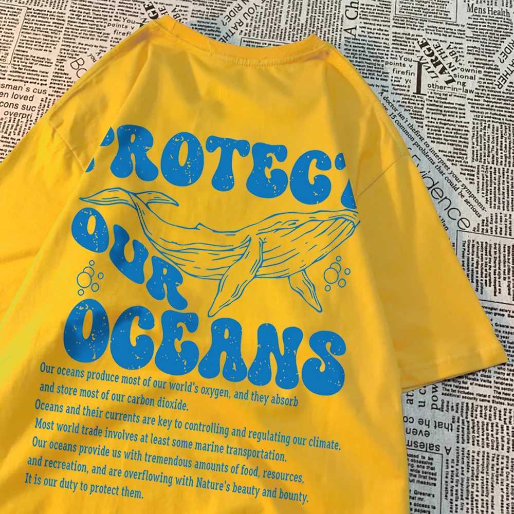 Mäns t-shirts skyddar våra Oceans Whale Landing T-skjortor Män mönster Kvalitet Skjorta Vintage Cotton Tops Personlighet Sommarkvinnor H240506