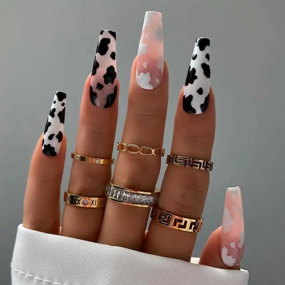 Ложные ногти дизайн коровьи фальшивые гвоздь французский полная крышка длинные гробовые фальшивые гвозди Клей Diy Manicure Nail Art Инструменты нажима на ногтях кончики ногтей T240507