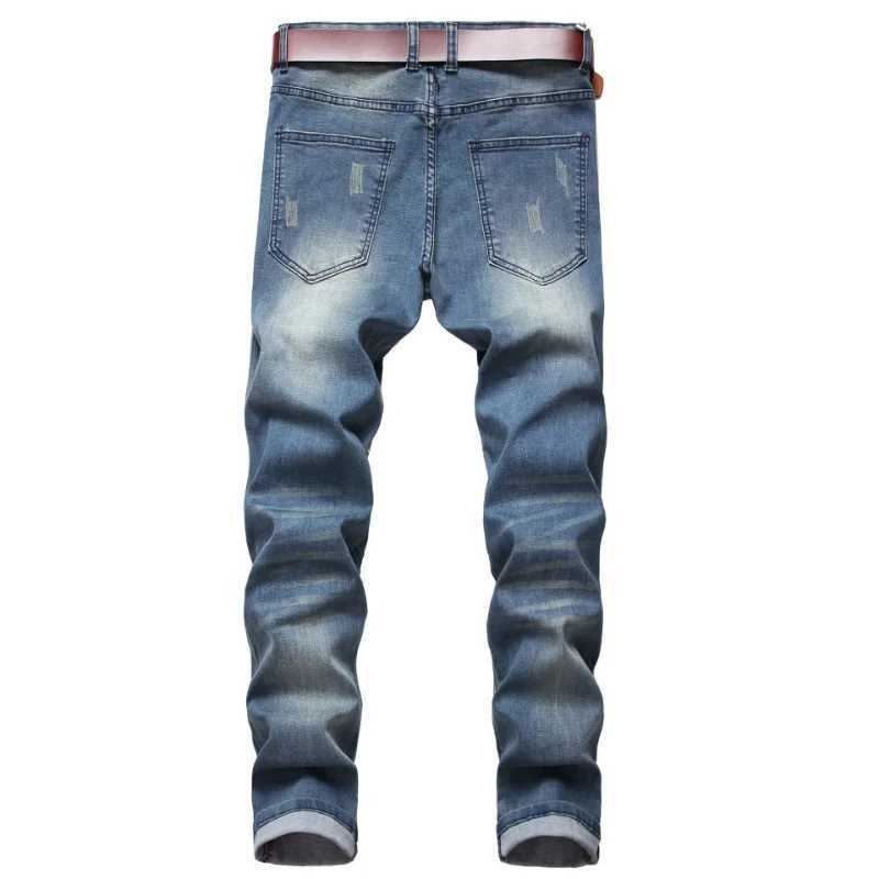 Heren jeans 2021 hole gescheurde punk heren stretch potlood jeans broek lederen hiphop stijlvolle mager denim broek moda hombre j240507