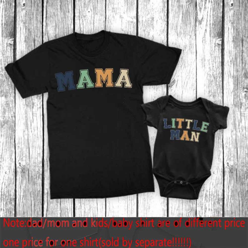 Familienübergreifende Outfits Mama Little Man Printed Family Matching Kleidung Mutter Sohn Kurzarm Outfit Shirt Fashion Mom Boy T-Shirt Tops Baby Bodsuit D240507