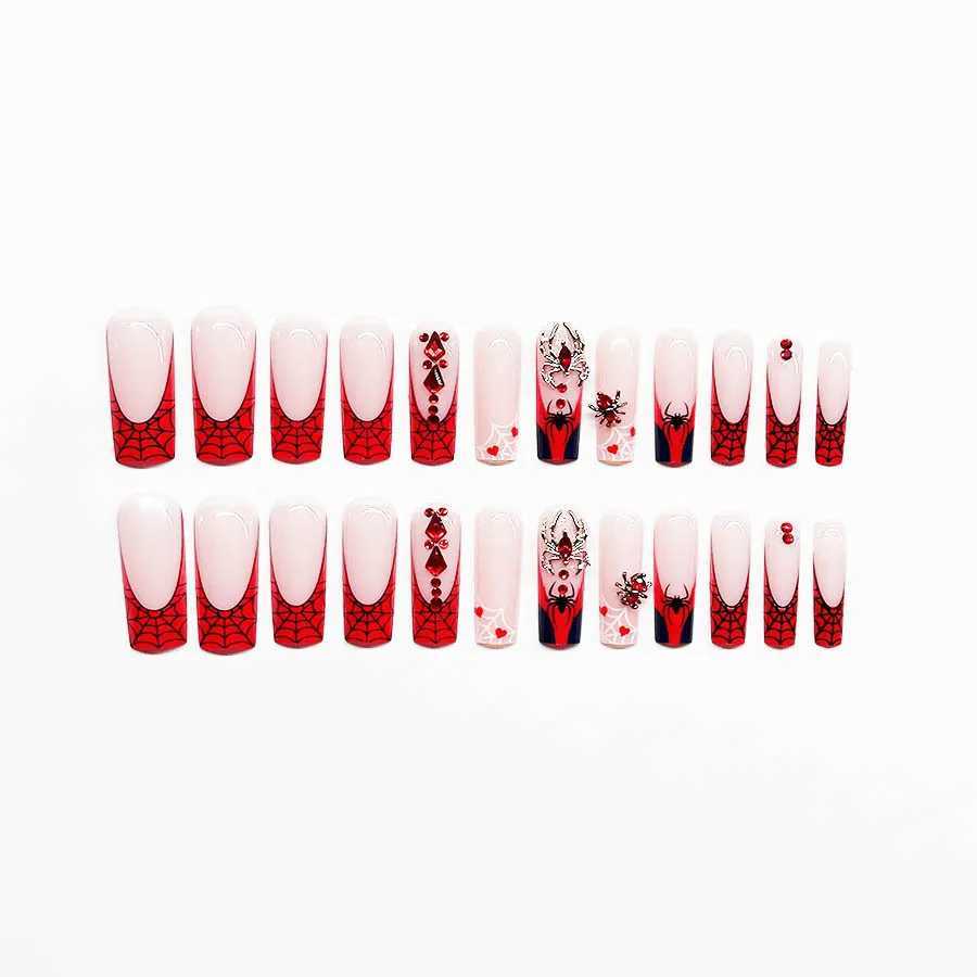 Faux Nails 3D Spider Faux Nails Red French Balletcore Press on Nails Couverture complète portable pour les femmes femmes européennes Faux Patches à ongles T240507