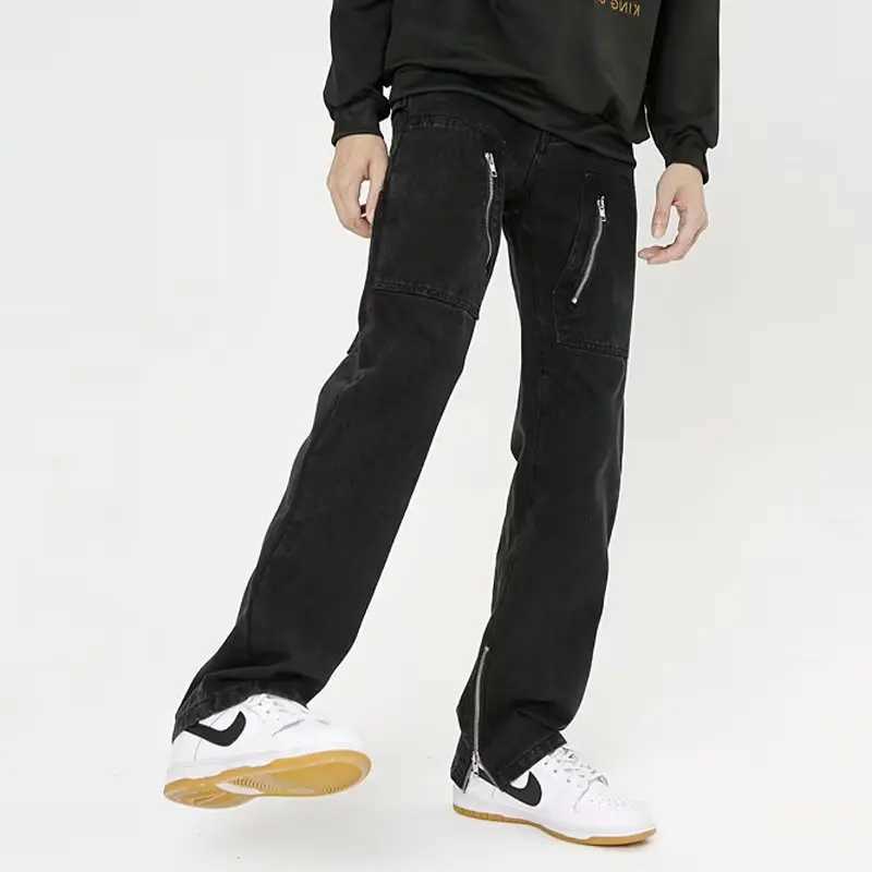 S 2023 Корейская модная лодыжка на молнии черная хип -хоп мужчина джинсы грузовые брюки Y2K одежда уличная одежда прямая хлопок повседневные длинные брюки J240507