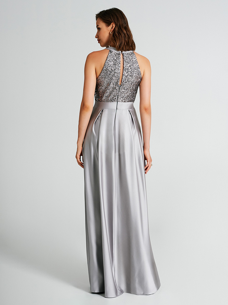 Gray Column Prom Dresses High Neck Unique Collar Design Sleeveless Floor-Length Sequins Appliques Celebrity Sexy Evening Dresses Plus Size Custom Made B5033