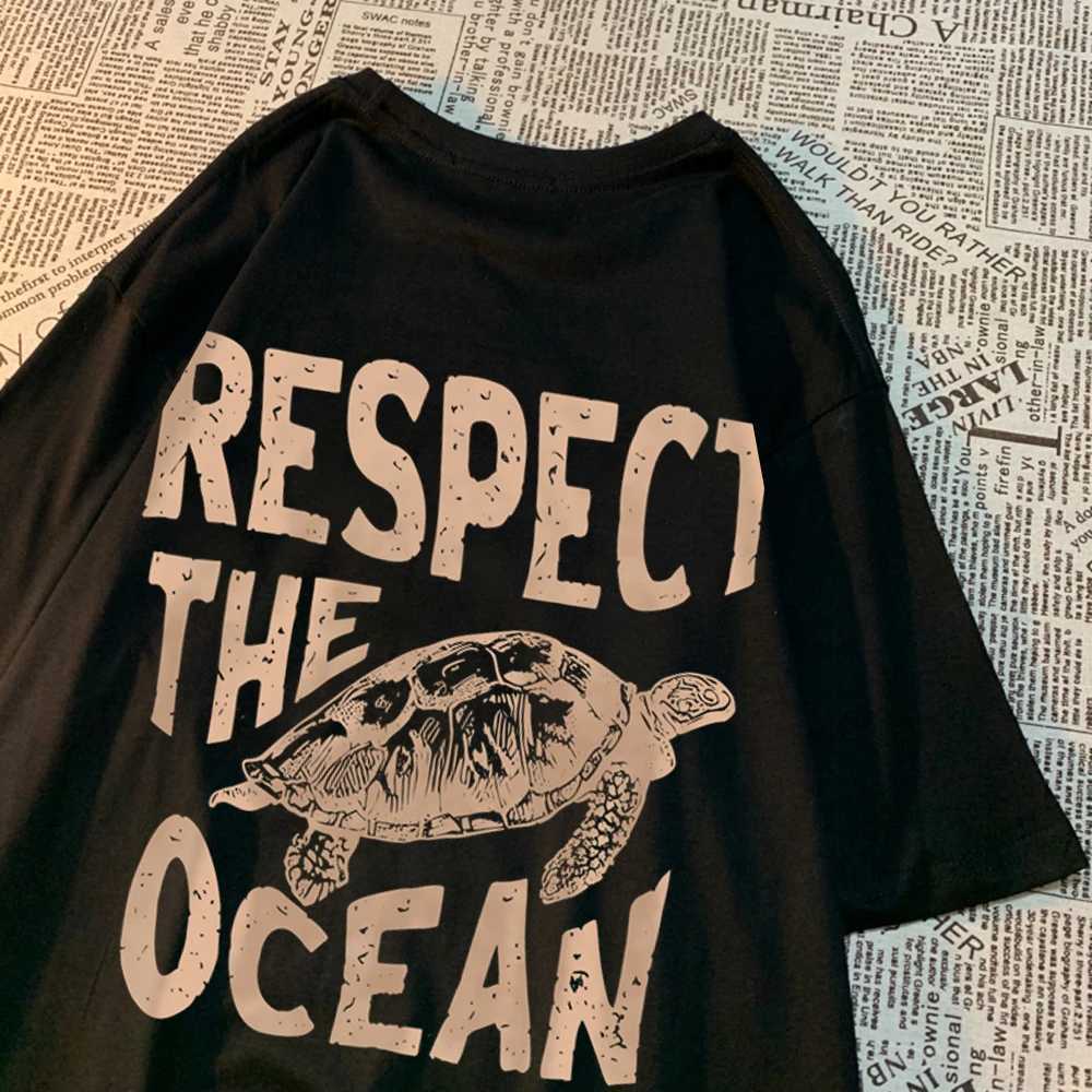 Camisetas masculinas respeitam a camiseta do oceano Grn Turtle Men Roupas de grandes dimensões Hip Hop respirável curto slve harajuku verão de algodão H240506