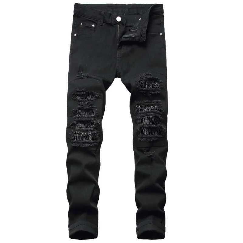 Heren jeans 2021 hole gescheurde punk heren stretch potlood jeans broek lederen hiphop stijlvolle mager denim broek moda hombre j240507