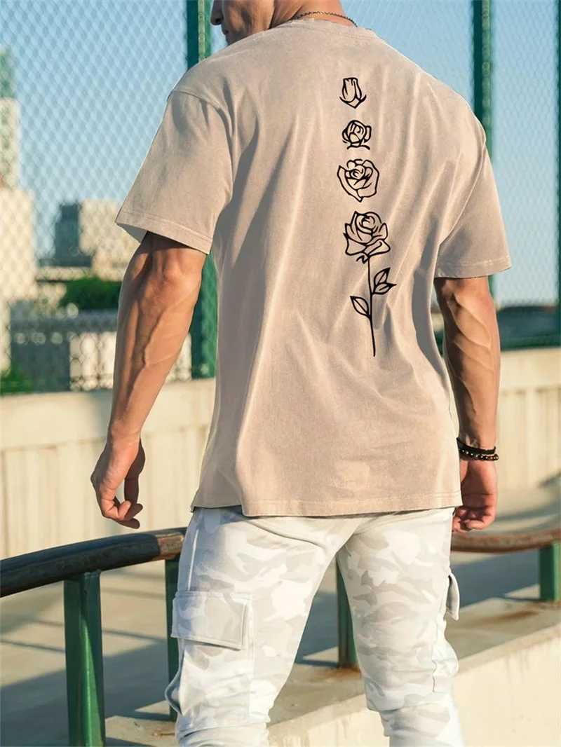 Мужские футболки Mens Summer Loose Set 100 Cotton Rose Pattern Top Top H240506