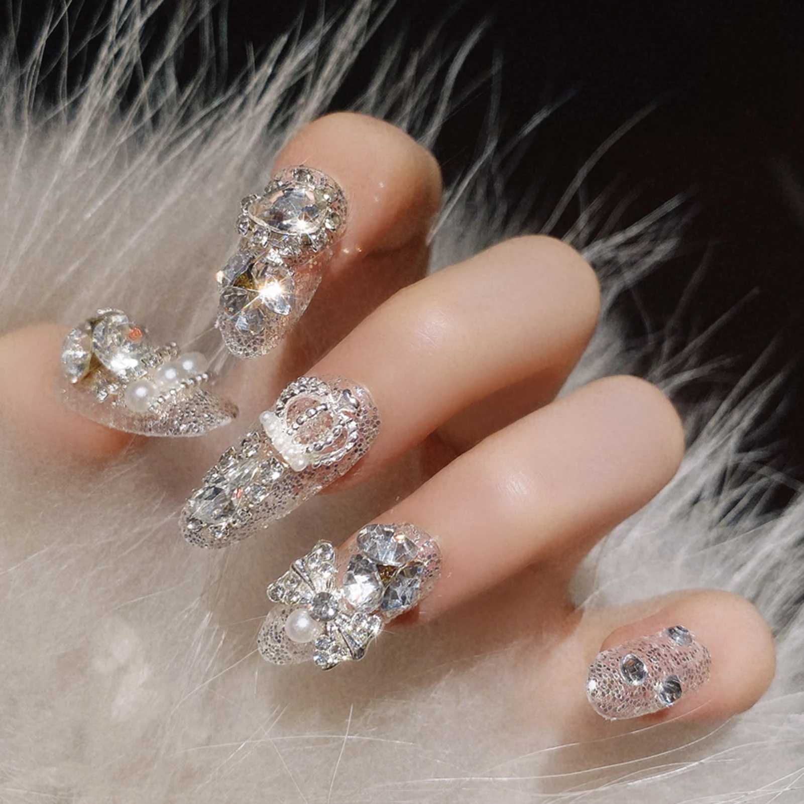 Faux ongles / sets mariée mariée faux ongles paillettes cristal perl ringestone nail pots de clou complet