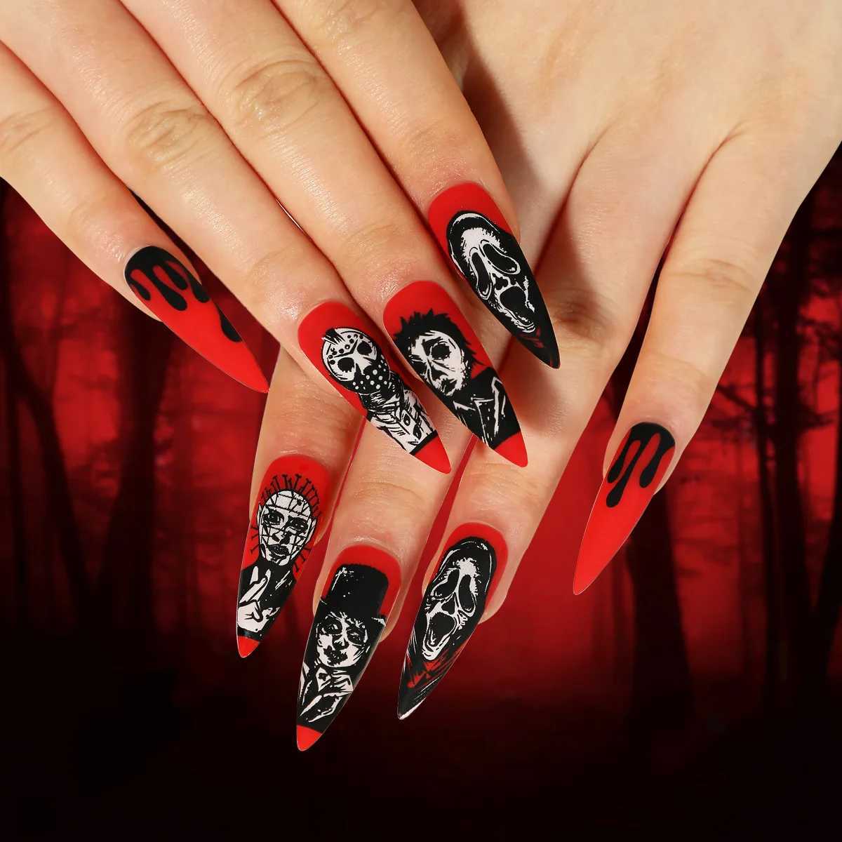 Faux Nails Hallown Faux Nails Couleur rouge effrayant Ghost Skull Spider imprimé artificiel ongles acryliques style européen Faux pointues Faux Nails T240507