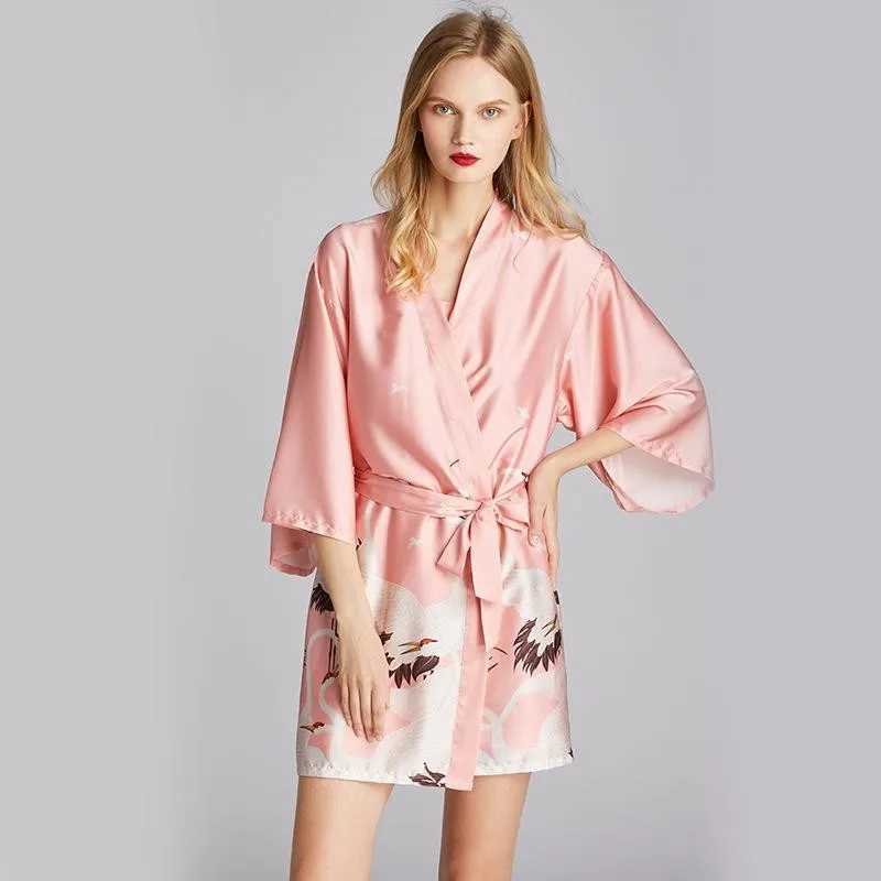 Salón para dormir para mujeres túnica larga para mujer y kimono baño azul marino pijama estampado pijamas suave satén de satén sexy faldas cortas para el hogar casual2405