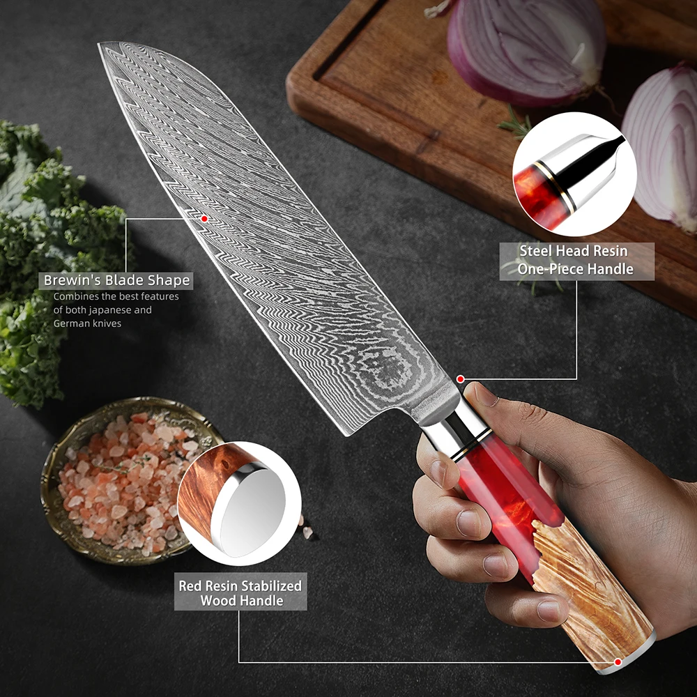 Damascus Santoku Knife 7 inch VG10 Steel Razor Sharp Kitchen Knife Japanese Chopping Knife Meat and Vegetable Cooking Knife