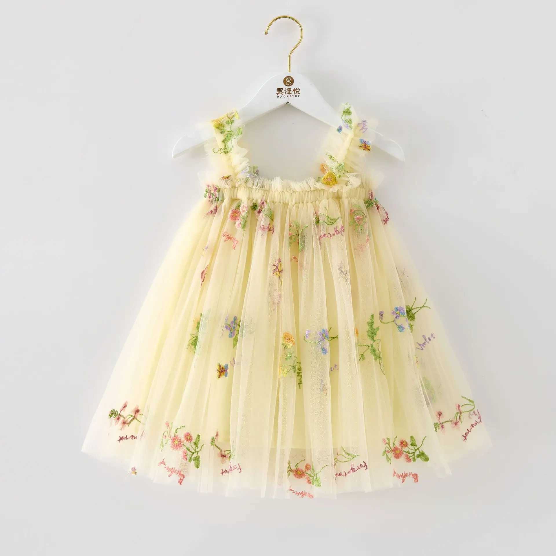 Meisjesjurken zomer zoete bloem geborduurde babymeisje jurk hoogwaardige gaas hanger babymeisje kleding verjaardag prinses schattig baby jurk240508