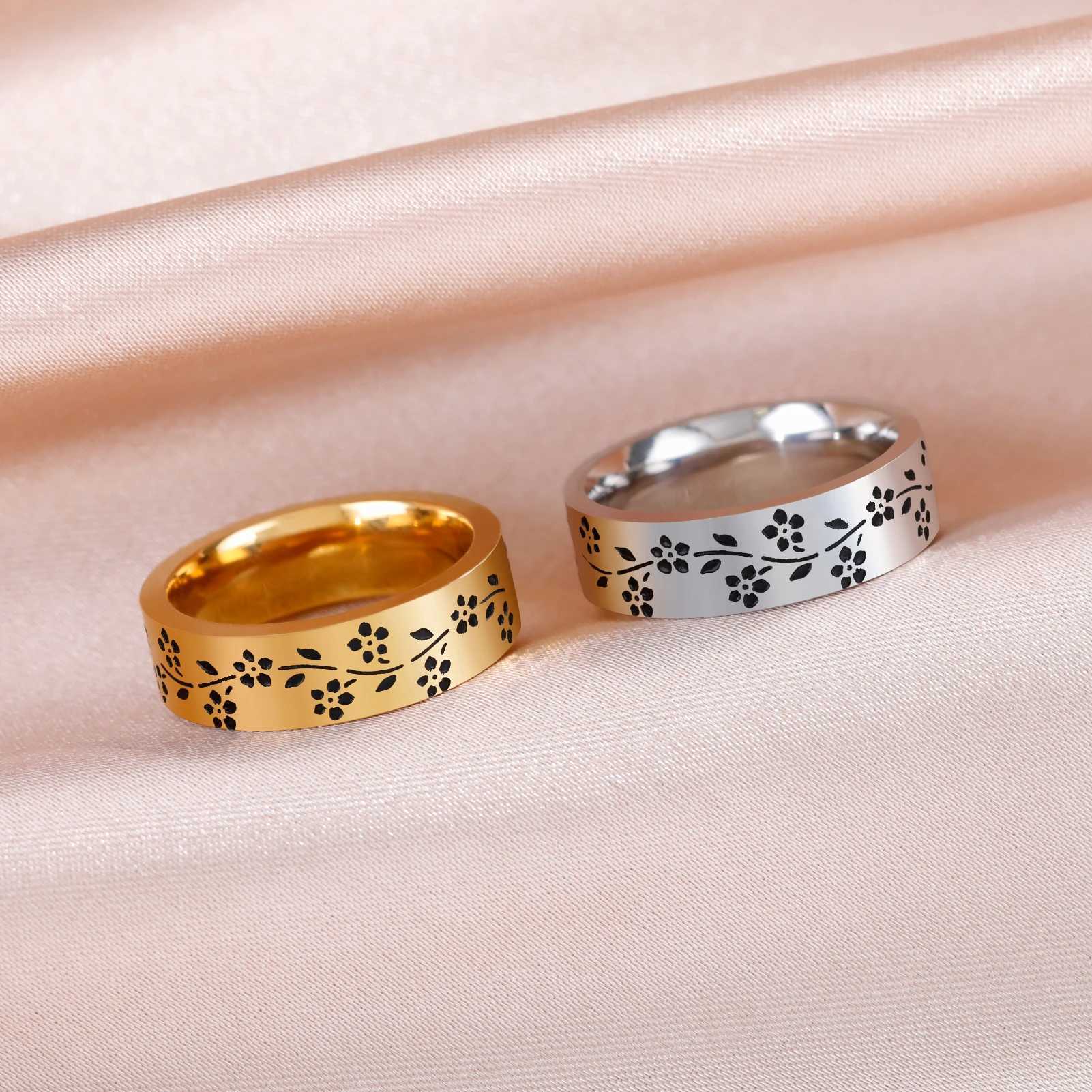Bröllopsringar skyrim rostfritt stål blomma graverad ring för kvinnor män 6mm breda casual fingerringar mode smycken bröllop gåva för älskare
