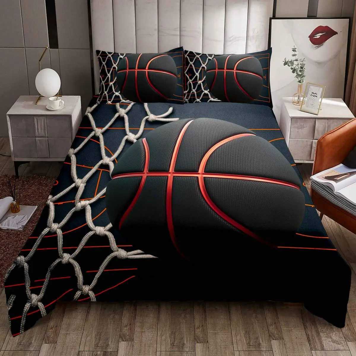 Beddengoed sets basketbal down dekbedovertrek Queen Set Boys and Girls Sports Game Comfort Cover Black Graffiti Bed Cover Sports Bed Cover J240507