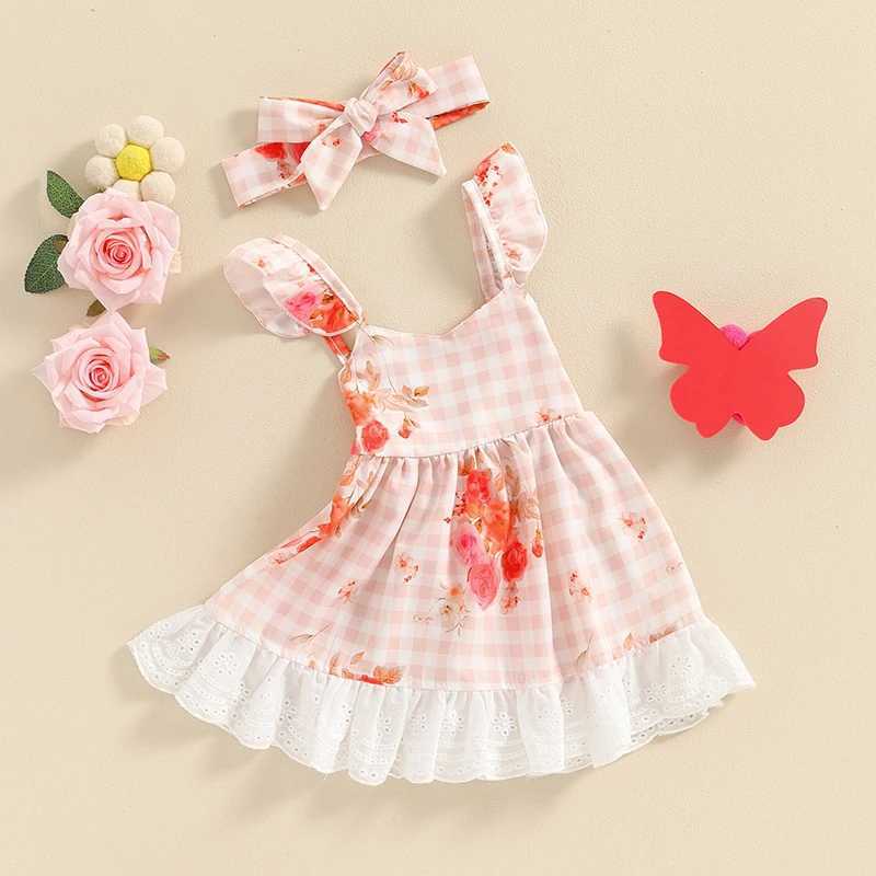 Платья девочки Tregren Little Girls Summer Set милые рукава для полетов A-Line кружевные украшенные простые каминовые платья с цветочной повязкой, подходящей для малышей и Babiesl2405