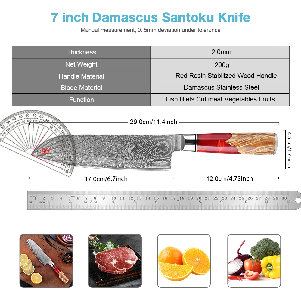 Damascus Santoku Knife 7 inch VG10 Steel Razor Sharp Kitchen Knife Japanese Chopping Knife Meat and Vegetable Cooking Knife