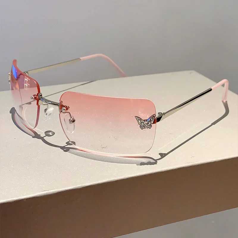 Óculos de sol Y2K Luxury Brand Designer Rimless Square Glassses Women for Feminino Tren Sun Glasses Diamond Butterfly Pink Punk Shades UV400 J240508