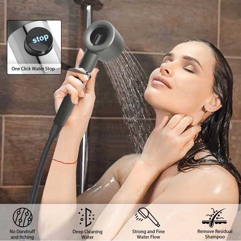 Bathroom Shower Heads 3 Way To Shower Head Filter High Pressure Strong Current Water Saving Showerhead One Hand Control Stop Bathroom Accessories