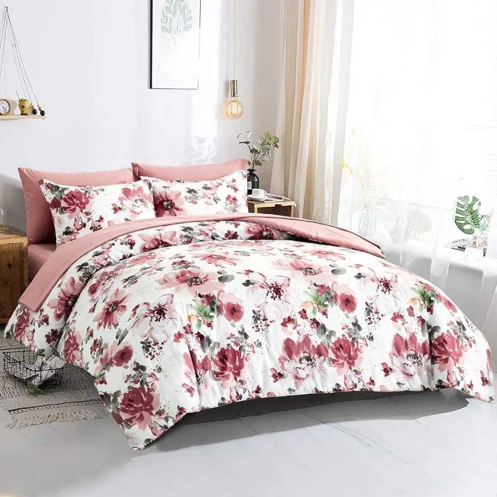 Set di biancheria da letto set di 7 pezzi rosa con un letto con una borsa morbida in fibra ultra-fine set completo di biancheria da letto tutte le stagioni comfort floreale set extra grande J240507