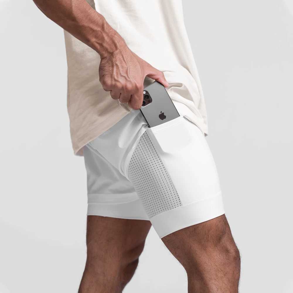 Shorts maschile maschile 2 in 1 cortometraggi a strtwear bianchi pantaloncini da jogger traspiranti palestre bodybuilding il tempo libero a secco rapido con cortometraggi s-xxl t240507