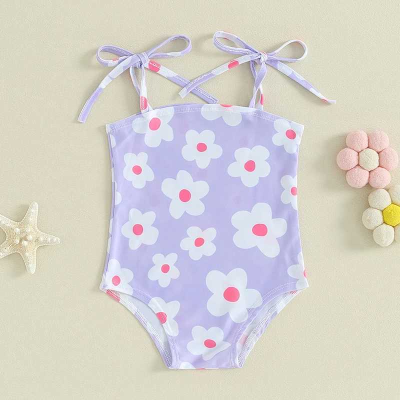 One-Pieces Toddler Infant Baby Girl Swimsuit Sleeveless Square Neck Flower Print Tie Up Bathing Suit Summer Beach Wear H240508