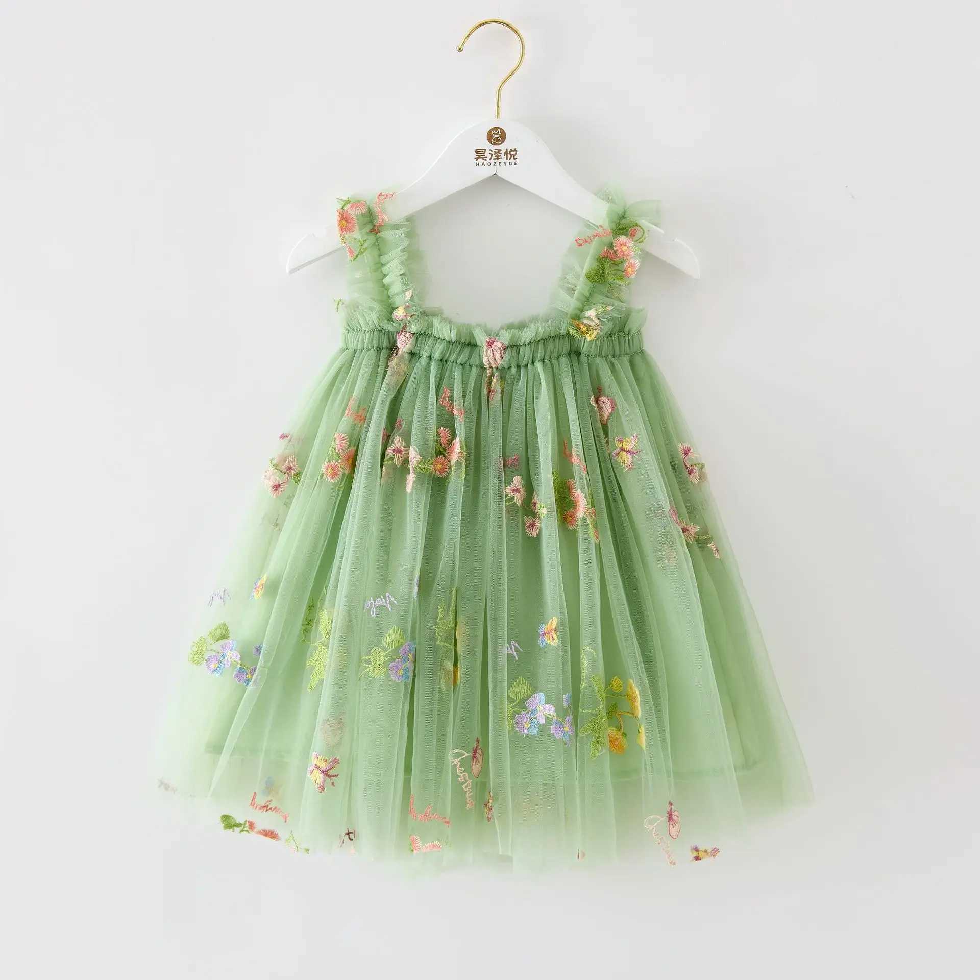 Meisjesjurken zomer zoete bloem geborduurde babymeisje jurk hoogwaardige gaas hanger babymeisje kleding verjaardag prinses schattig baby jurk240508