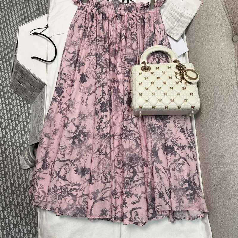 Skirts Grey blue pink floral pleats Midi skis 2024 new spring/summer high-quality clothingL2405