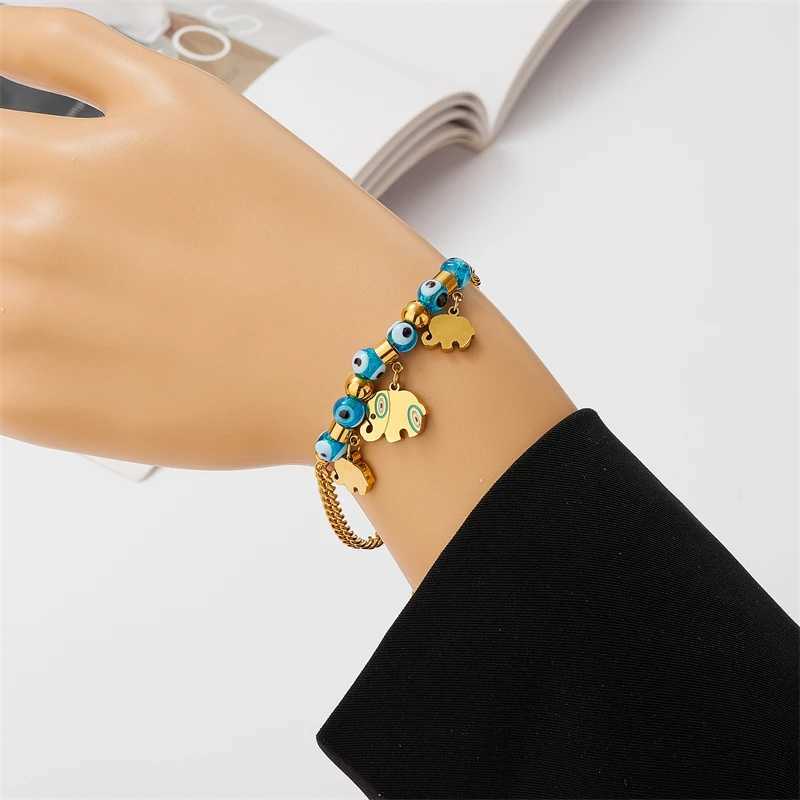 Bracele 316l en acier inoxydable Nouvelle mode fine bijoux de style bohème œil perlé 3 éléphants peints charme bracelet à chaîne épaisse pour les femmes