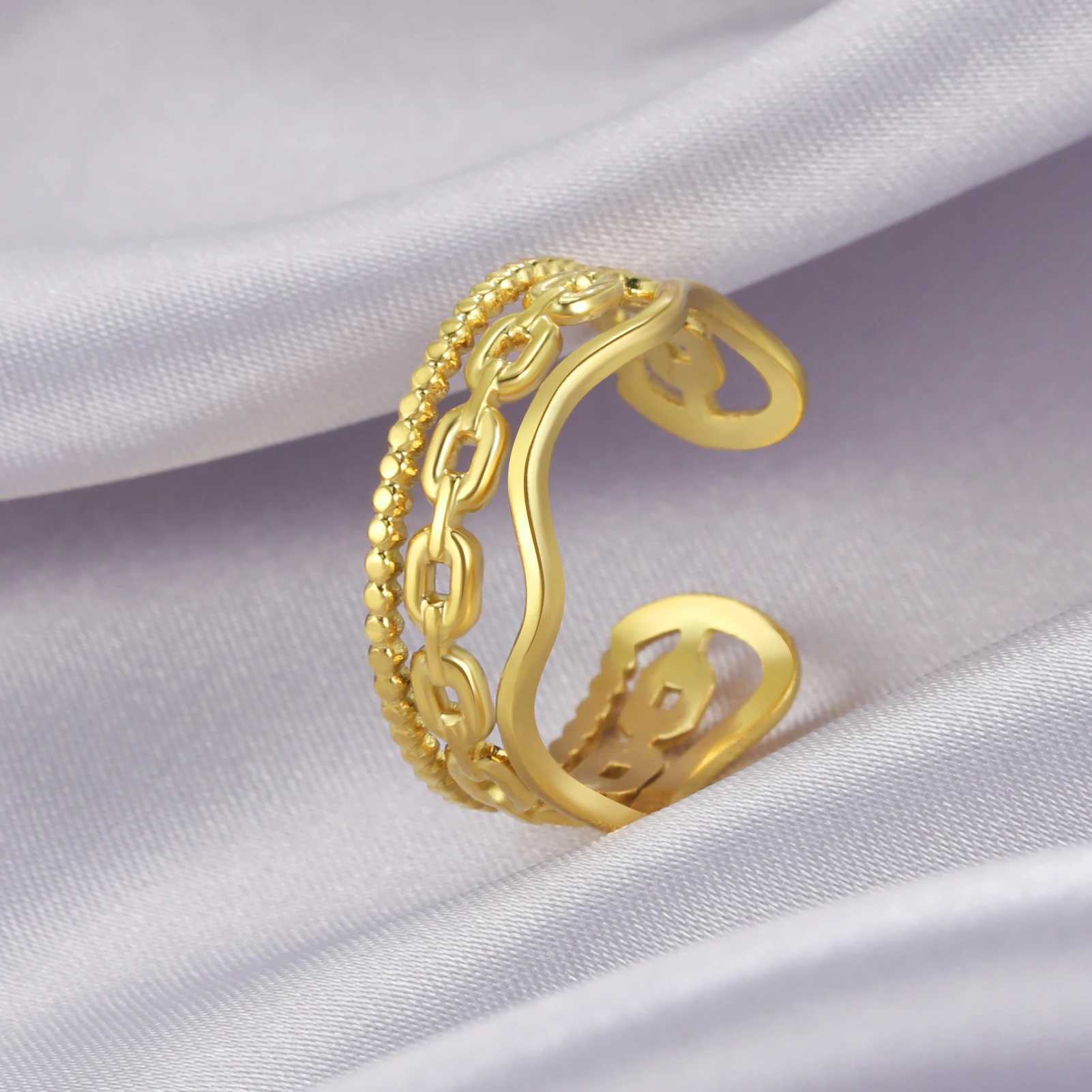 Anelli di nozze Skyrim Tre strati Wave Geometric Chain Anelli donne Anello di dito aperto regolabile in acciaio inossidabile 2024 Gioielli di gioielli di moda