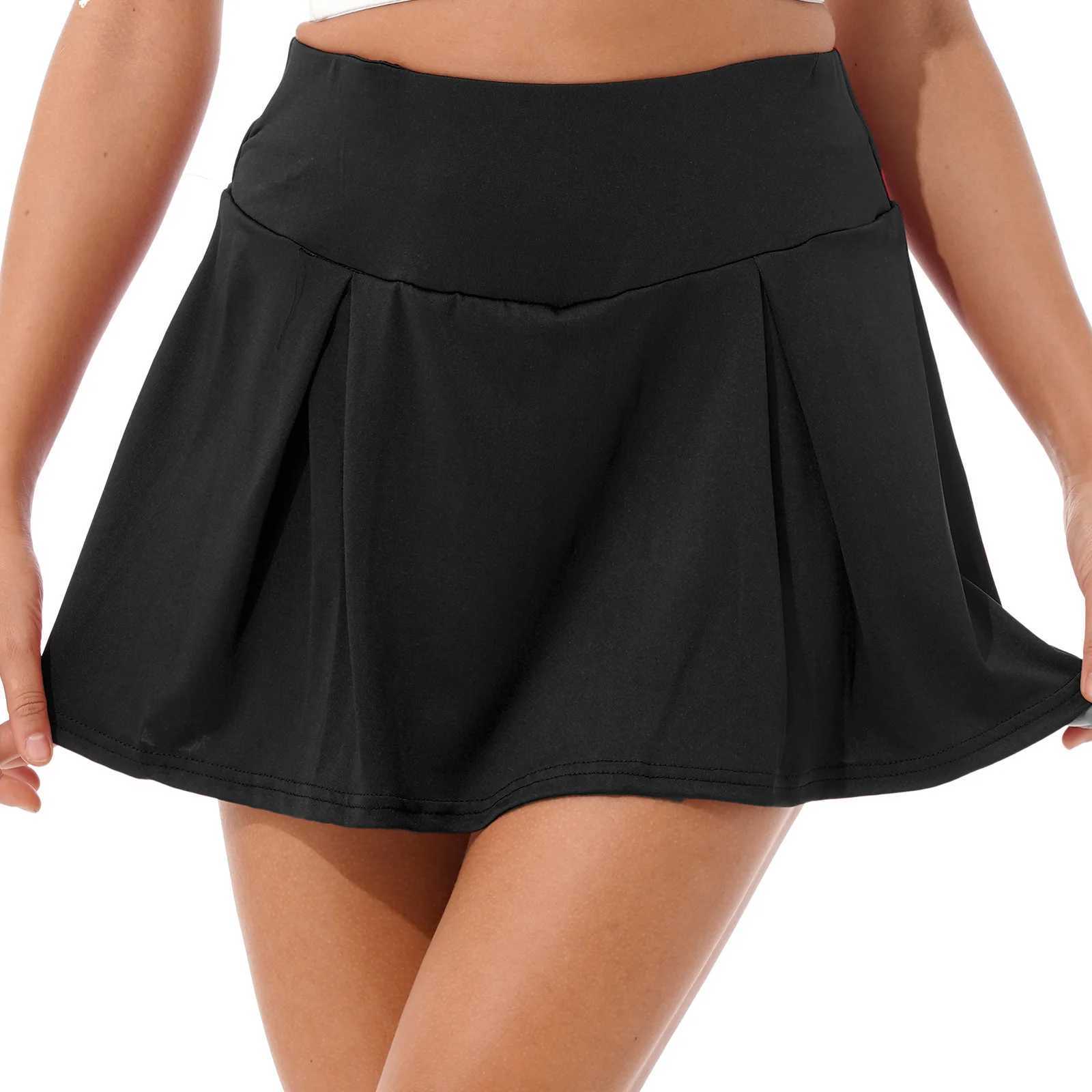 Röcke Skorts Tennisröcke Frauen Feste Farbe hoher Taillenrock mit eingebauten Shorts Womans Röcke Yoga Gym Ballett Gymnastik Tennis Skorts D240508