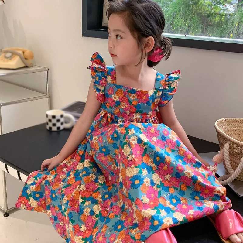 Robes de fille filles et enfants manches volantes robe coton mode bébé fleur imprimement princesse robe sans manches