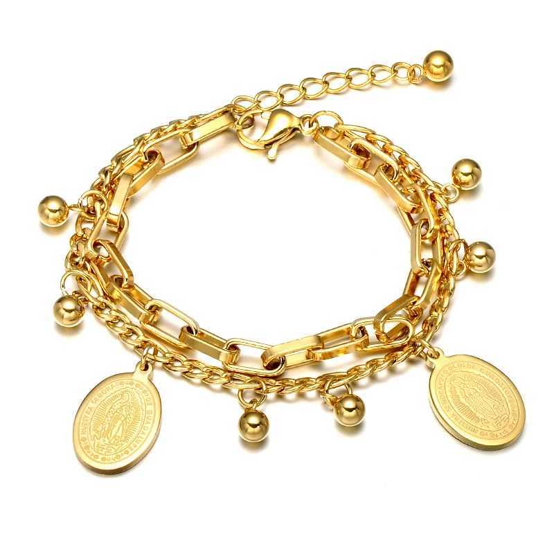 Armreifen 316L Edelstahl neuer Mode gehobener Schmuck 2 Schicht Jungfrau Maria Jesus Perlen Charmthick Kette Armbänder Armbalz für Frauen