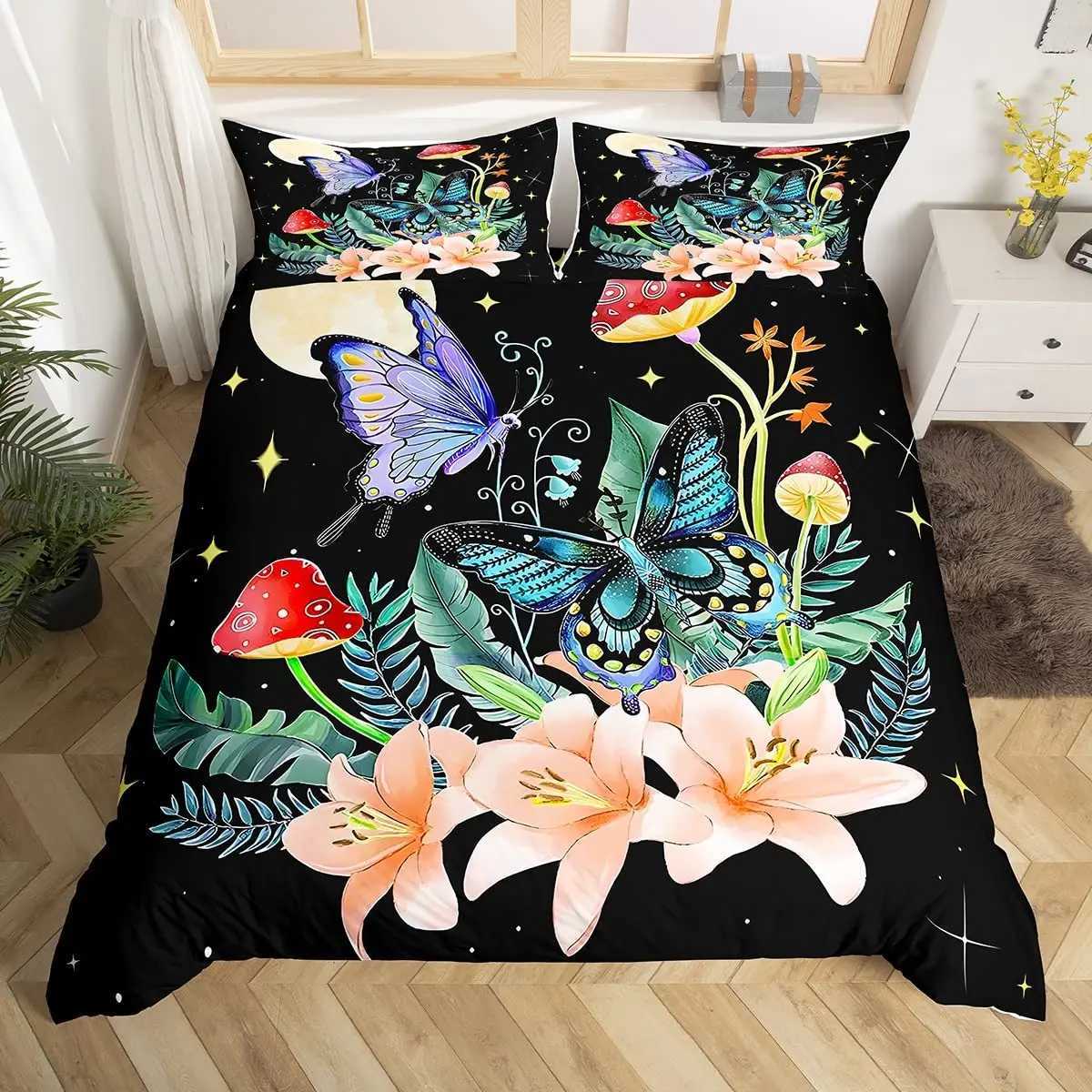 Beddengoed stelt paddenstoel naar beneden dekbedoverdeksel ingesteld in groot formaat Golden Moon Star Bedding Set Psychedelic Moth Paint Planet Leaf Flower Comfortabele set J240507