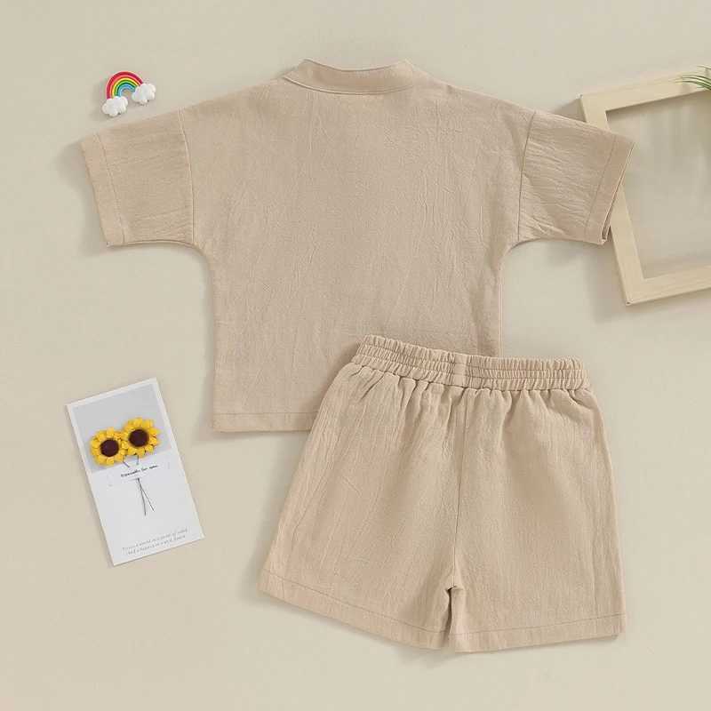 Kledingsets Babyjongen Zomerkleding Katoenlinnen Korte mouw Henley-shirts en shorts Set Toddler Solid Outfit 6m-4Y H240508